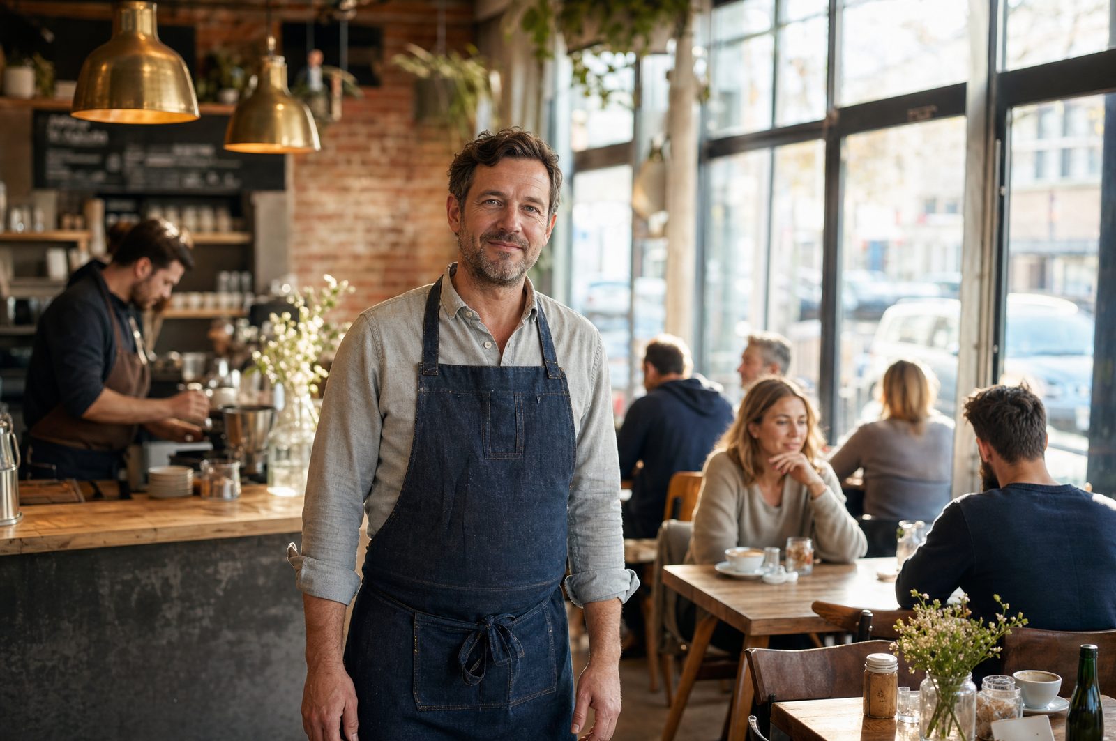 Cafe-Besitzer im belebten Cafe — bereit für Wachstum